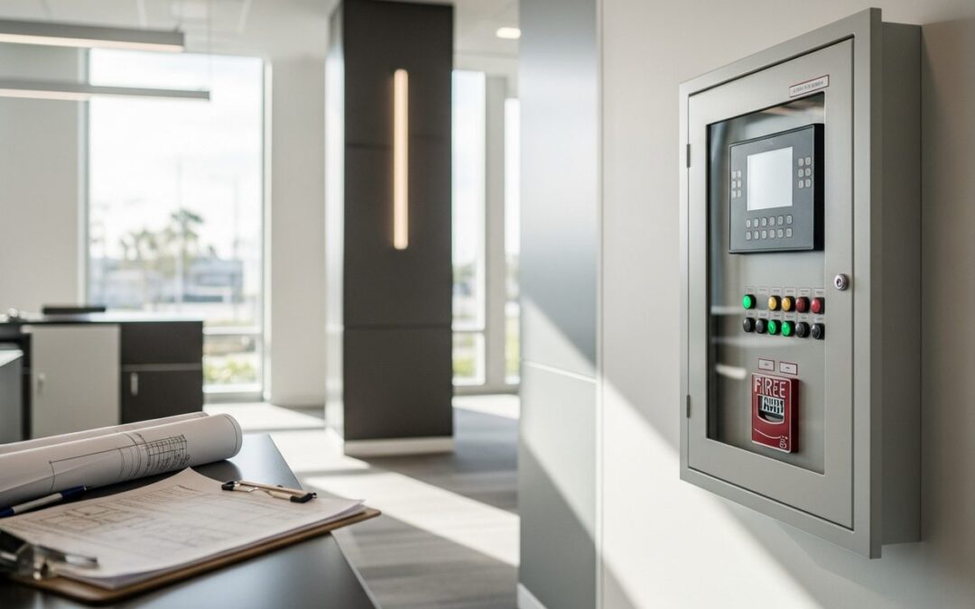 Technician reviewing a commercial fire alarm panel and project documentation in a Florida building