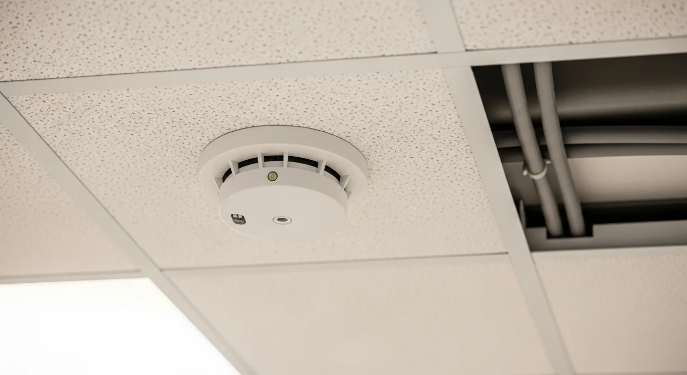 Addressable smoke detector mounted on a commercial ceiling during a Premier Fire installation