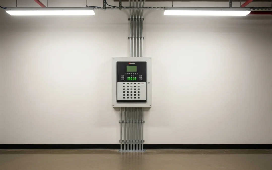 Commercial fire alarm control panel installed in a South Florida mechanical room