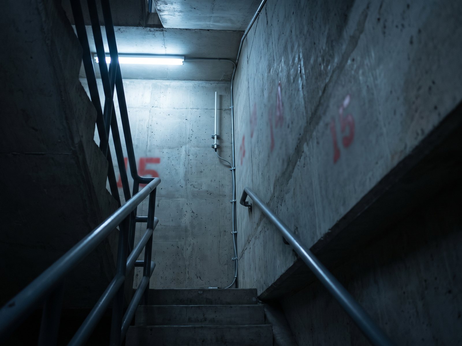 Radio coverage antenna cabling running through a concrete exit stairwell in a high-rise building