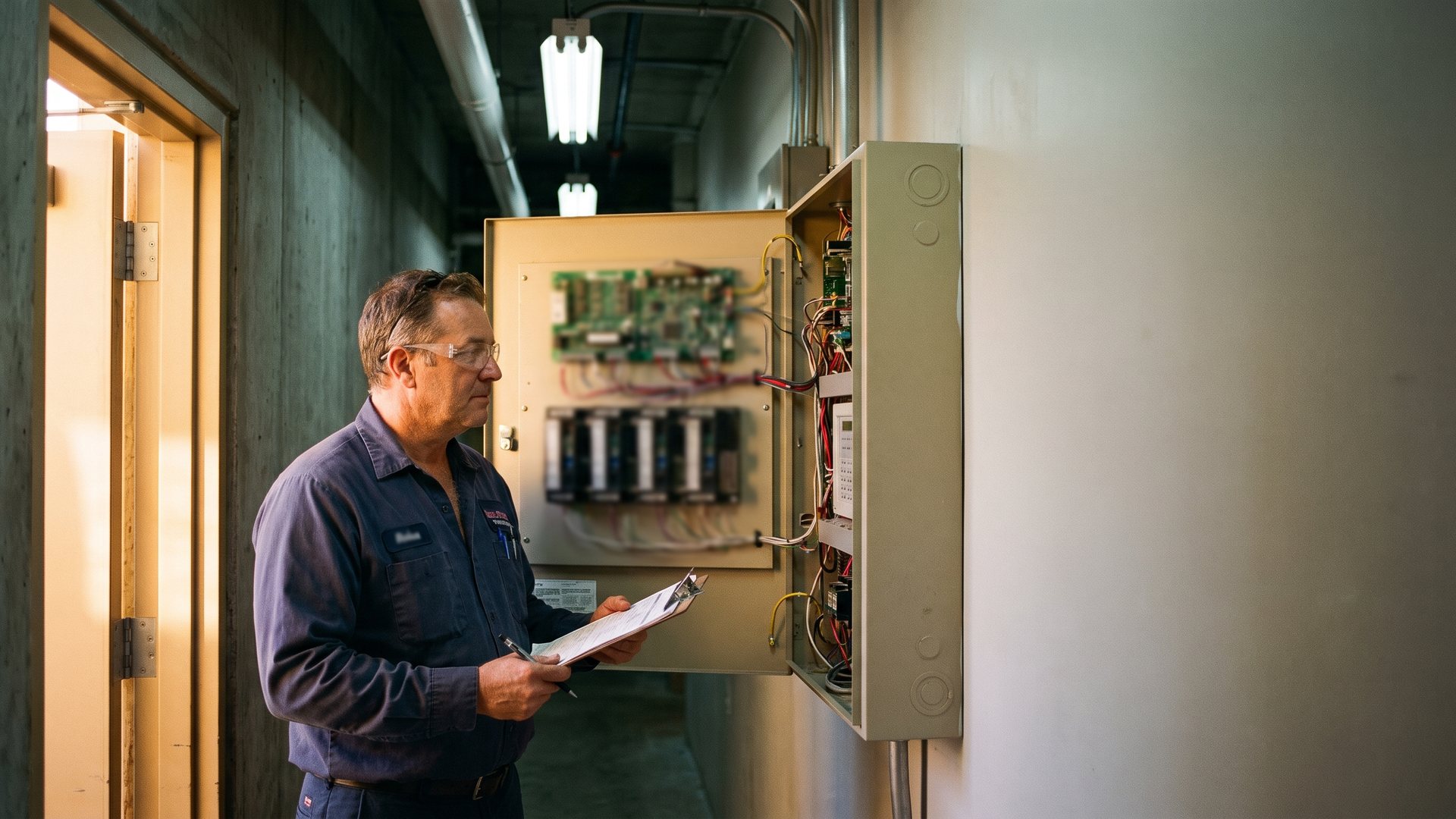 Fire alarm technician checking a control panel in a Hollywood, FL commercial building