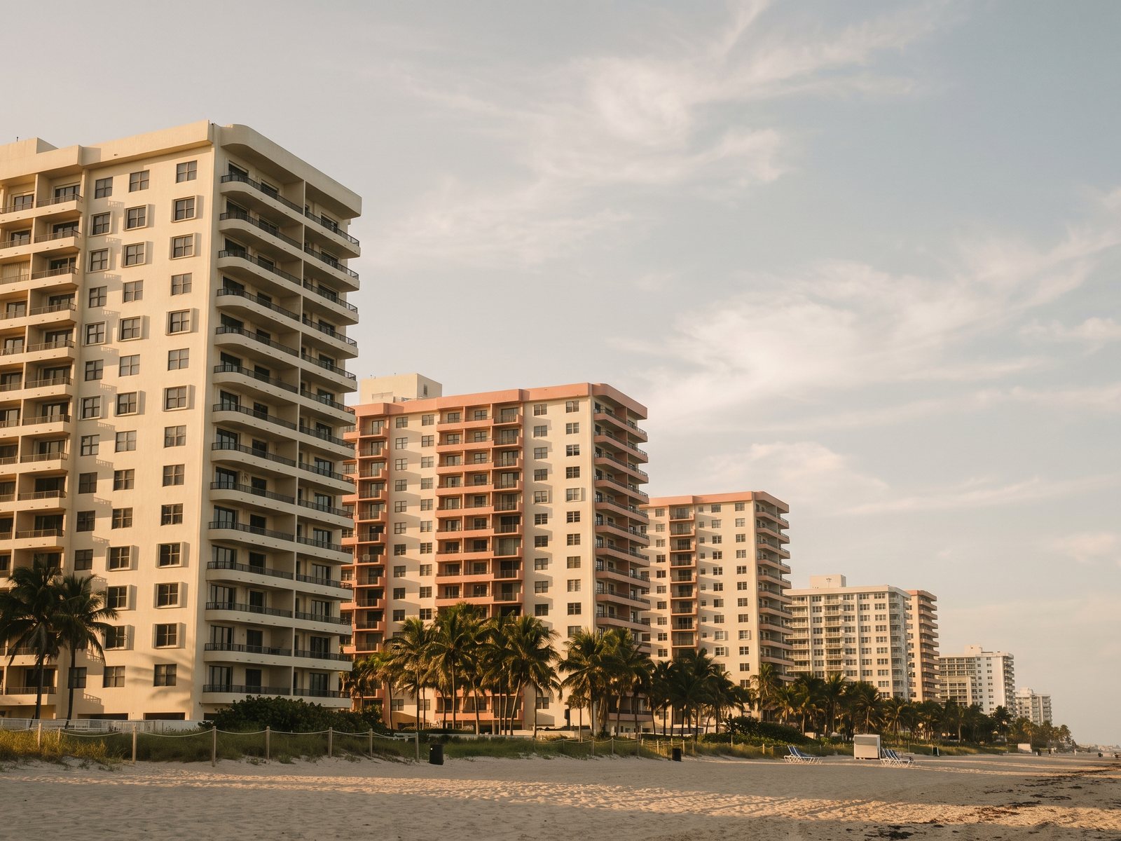 Beachfront condominium towers in Hollywood, Florida seen from the sand at golden hour