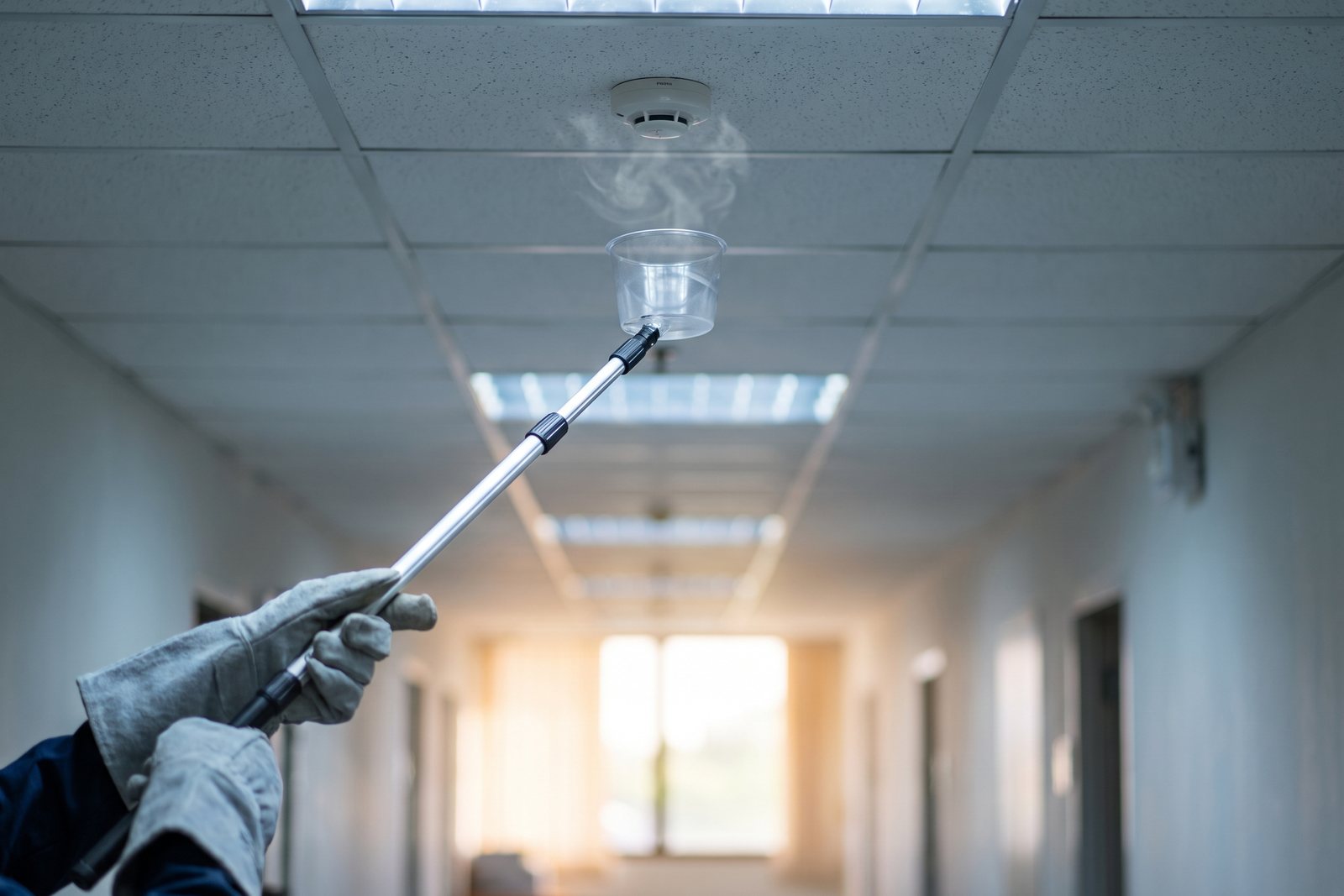Technician testing a ceiling smoke detector with a test pole during an annual fire alarm inspection