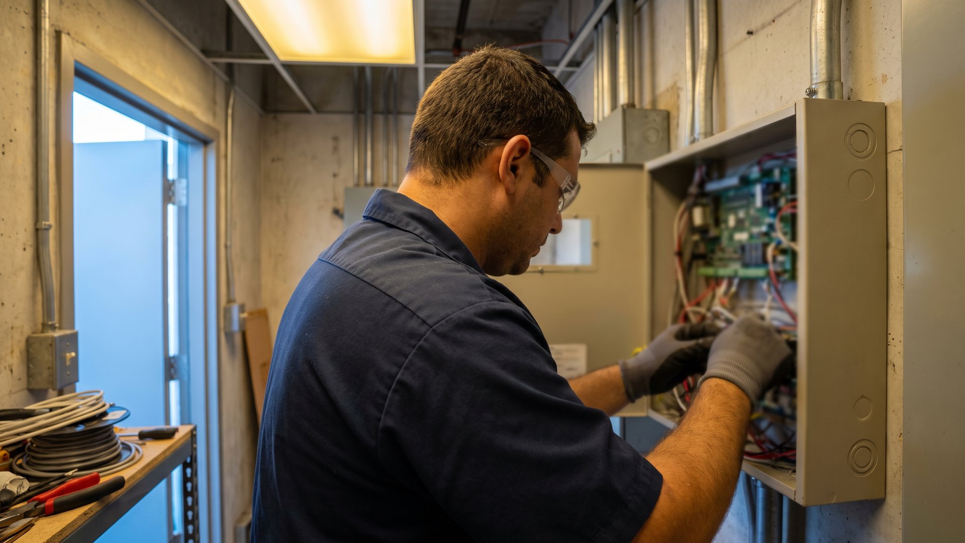 Fire alarm technician at an open control panel in a Miami, FL commercial building