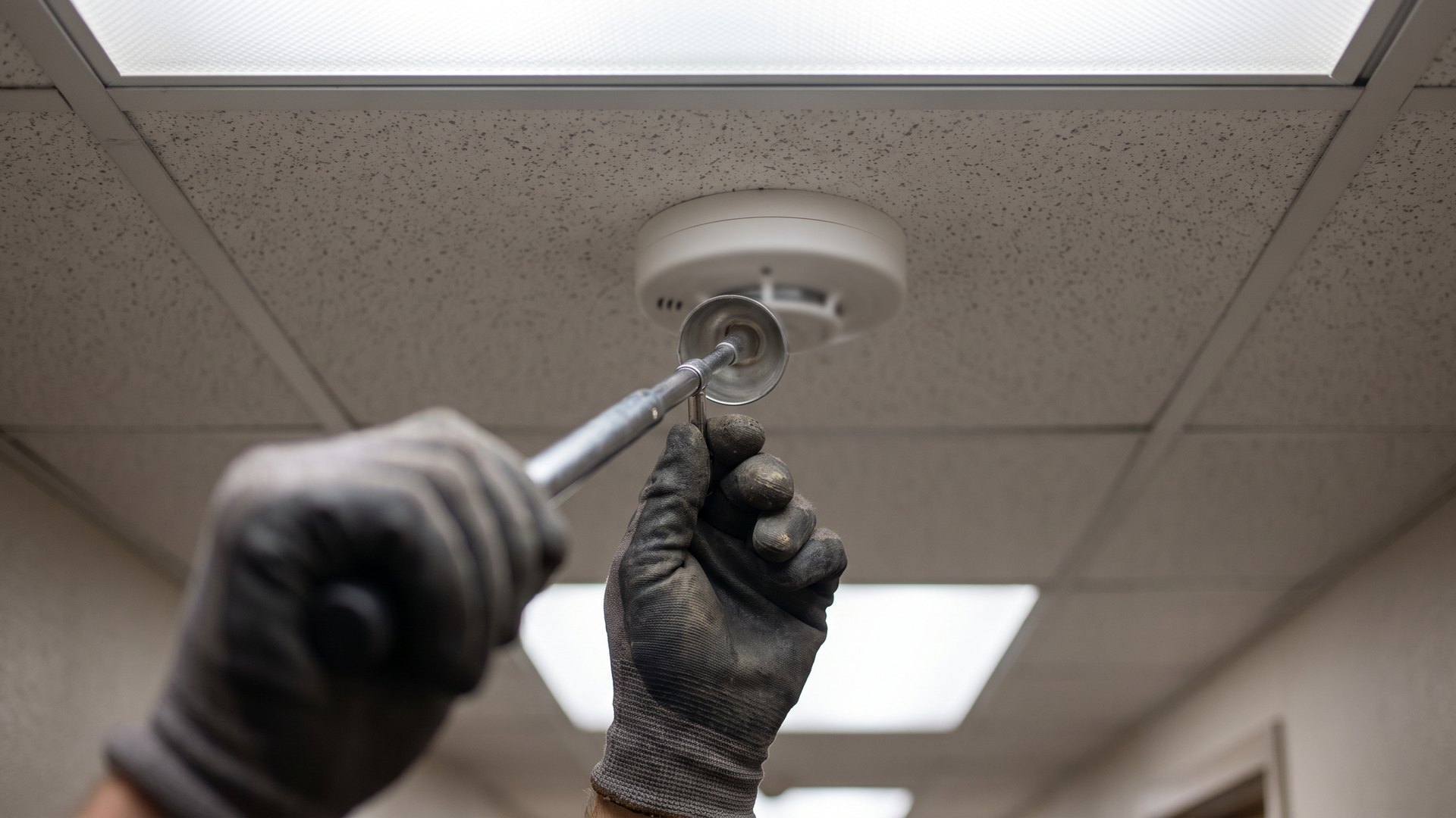Technician testing a ceiling smoke detector during an NFPA 72 inspection in Miami